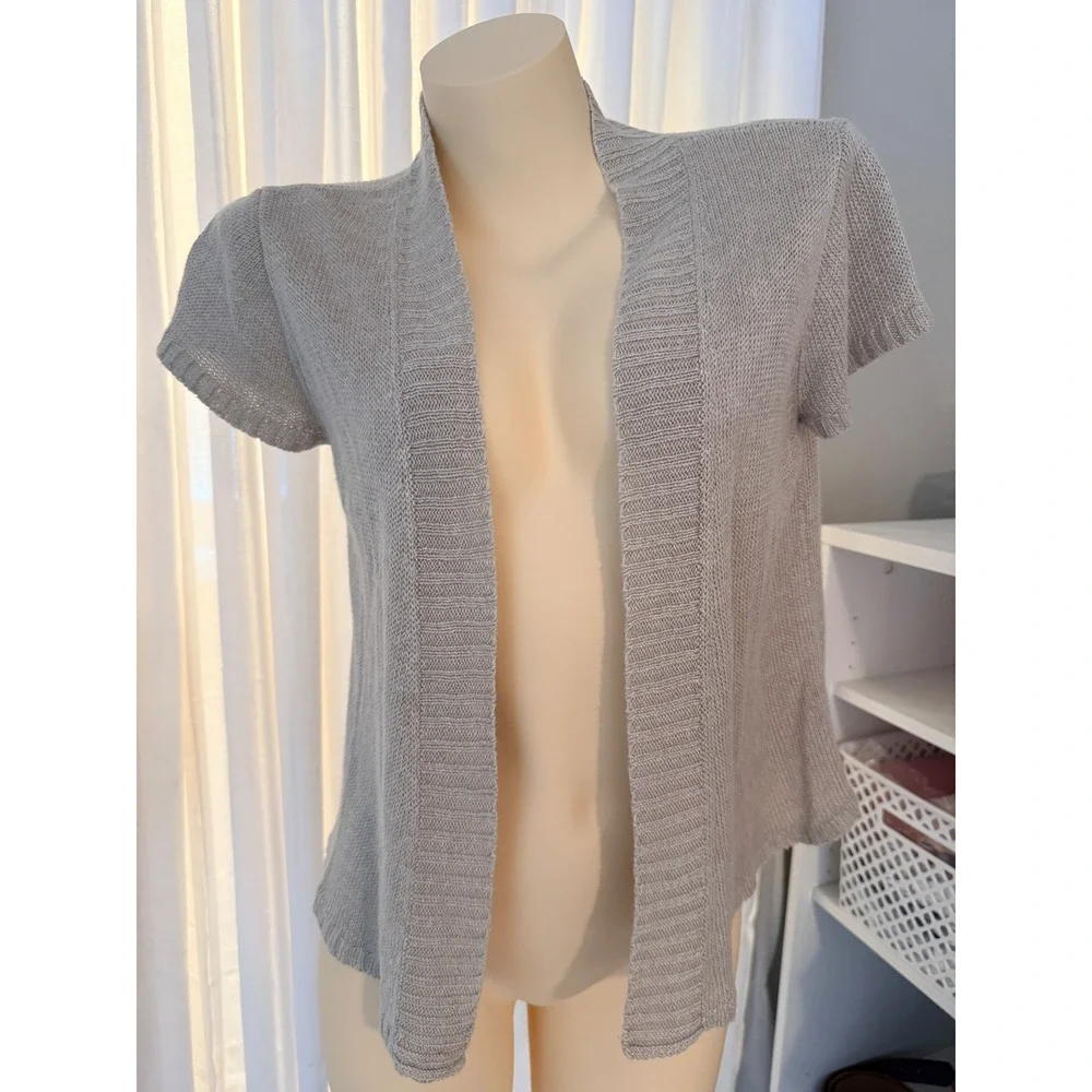 Eileen Fisher Hemp Knit Short Sleeve Open Front Cardigan Sz M Beige Tan - Picture 1 of 13